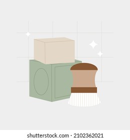 Dish soap and bamboo brush set. Organic reusable supplies for sustainable kitchen cleaning. Flat illustration of eco friendly product.