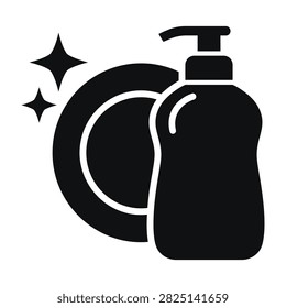 Dish soap bottle and clean plate icon with soap dispenser cleaning detergent dishwashing