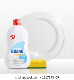 Dish soap bottle mockup with clean white plate and yellow sponge - cleaning detergrent ad poster template. Vector illustration for product branding design