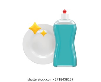 Dish Soap Bottle and Sparkling Clean Plate 3d rendering icon illustration