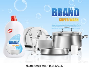 Dish soap brand ad poster template - white plastic bottle of dish detergent next to pile of sparkly clean dishes - plates, utensils, etc. Cleaning product advertisement vector illustration.