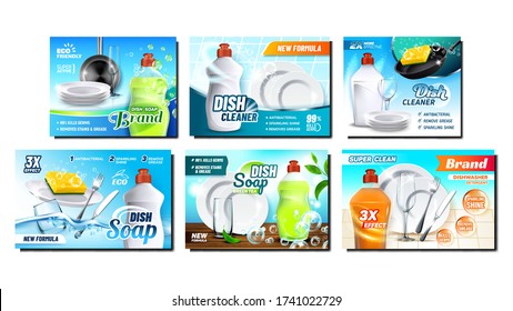 Dish Soap Detergent Advertising Posters Set Vector. Dishwashing Soap Blank Bottle And Sponge, Plates And Wine Glass, Fork And Knife. Chemical Liquid For Wash Utensil Color Concept Layout Illustrations