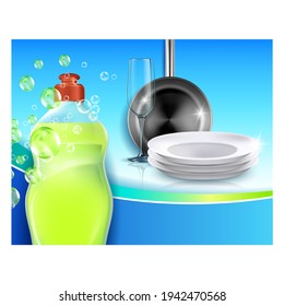 Vector de banner de publicidad creativa con líquido de Dish Soap. Bubbles Dish Jabón En Blanco Botella Y Platos, Copa De Vidrio Y Cartel Promocional De Pan Kitchen Ware Brillante Utensil. Ilustración de plantilla de concepto en color