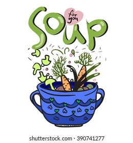 Dish with soup. Menu vector.