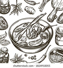 dish with soup tom yam and ingredients for its preparation. set of vector sketches on white background