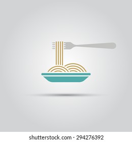 Dish of spaghetti and fork isolated vector colored icon 