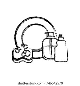 dish and sponge and dishwasher soap in monochrome blurred silhouette vector illustration