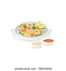 A dish of squid fried with dipping sauce.