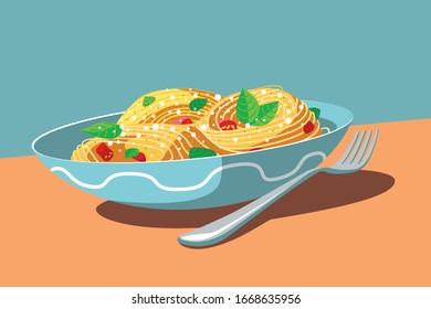 Dish with tasty meal and fork vector illustration. Plate with spaghetti, sliced tomatoes, basil and cheese flat style design. National italian cuisine concept