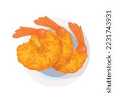 Dish with three shrimp tempura, breaded, crispy, deep fried in batter. Plate for menu Asian cuisine