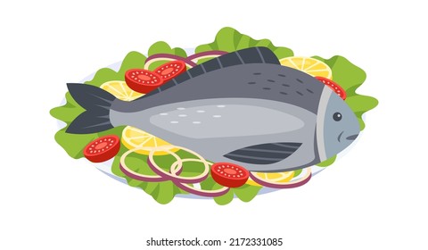 Dish with tuna seafood. Vector illustration