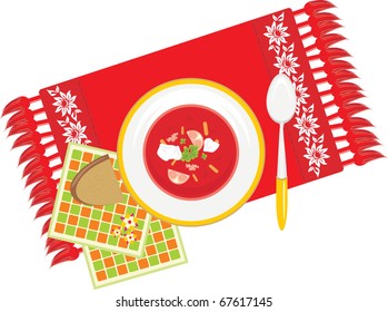 Dish with vegetable soup on the decorative serviette. Vector
