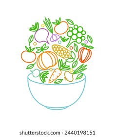 Dish with vegetables. Logo template for a health food store or vegetarian cafe. Healthy lifestyle. Vector illustration