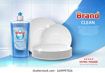 Dish wash ad. Realistic advertising background with clear plates and liquid dishwashing soap product. Vector household concept for label or banner detergent