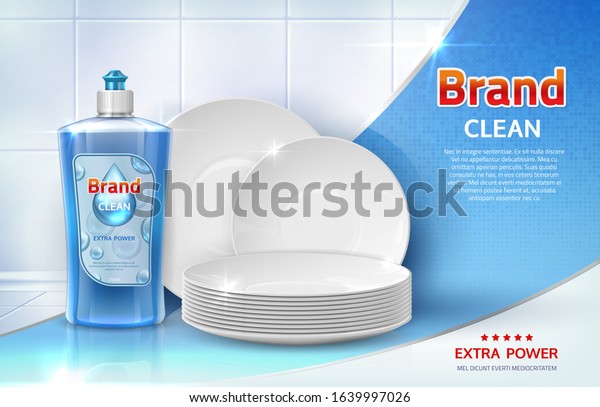 Dish wash ad. Realistic advertising\
background with clear plates and liquid dishwashing soap product.\
Vector household concept for label or banner\
detergent