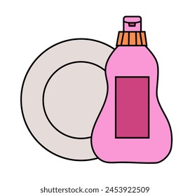 Dish Wash. Cleaning Tools Elements. Plate, washing up liquid. Clean in Kitchen. Vector Simple Doodle Flat illustration.