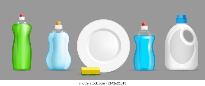 Dish wash liquid soap bottles vector set. Plastic packaging with gel cleaner, sponge and clean plate design. Branding and advertisement concept