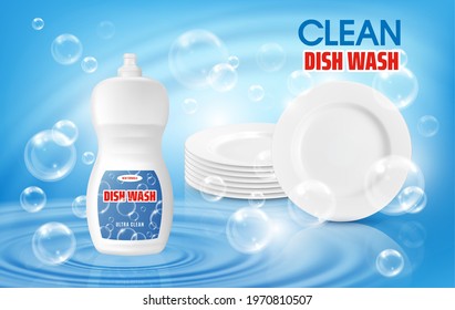 Dish Wash Liquid Soap And Clean Plates 3d Vector Ad Poster With Plastic Detergent Bottle Stand On Water Surface With Circles And Air Bubbles Flying On Blue Background. Dishwasher Advertising Promo