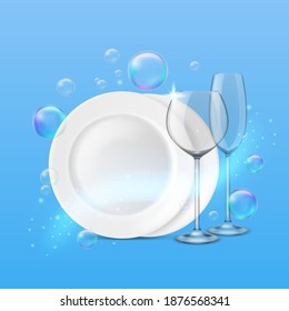 Dish wash. Realistic shiny dishes cleanness, fresh porcelain plates and wine and champagne glasses, soap bubbles around. Tableware after washing vector dishwashing isolated on blue background concept