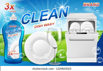 Dish wash soap ads. Realistic plastic dishwashing packaging with detergent gel design. Liquid soap with clean dishes for dishwasher machine. 3d vector illustration