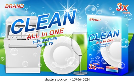 Dish wash soap ads. Realistic plastic dishwashing packaging with detergent gel design. Liquid soap with clean dishes for dishwasher machine. 3d vector illustration