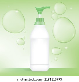 Dish wash soap ads. Realistic plastic dishwashing packaging with label design. Liquid wash soap with clean dishes and water splash. 3d vector illustration