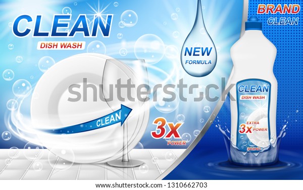 Dish wash soap ads. Realistic plastic\
dishwashing packaging with label design. Liquid wash soap with\
clean dishes and water splash. 3d vector\
illustration