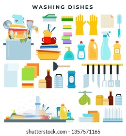 Dish Washing Equipment, Dirty And Clean Dishes, Kitchen Utensils, Dinnerware In Sink, Detergents, Sponge, Towel, Gloves, Brush. Set Of Flat Style Vector Elements, Household Concept Illustration.