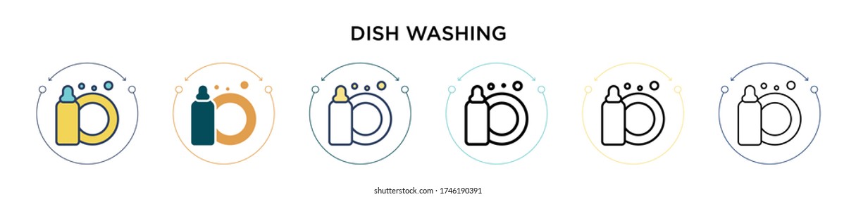 Icono de lavado de platos con estilo relleno, delgado, contorno y trazo. Ilustración vectorial de dos diseños de vectores de lavado de platillos de color y negro se pueden usar para móviles, ui, web