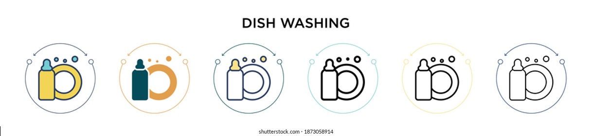 Icono de lavado de platos con estilo relleno, delgado, contorno y trazo. Ilustración vectorial de dos diseños de vectores de lavado de platillos de color y negro se pueden usar para móviles, ui, web