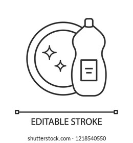 Dish washing liquid linear icon. Thin line illustration. Dishwash detergent. Cleaning chemicals. Contour symbol. Vector isolated outline drawing. Editable stroke