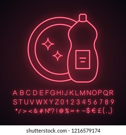 Dish washing liquid neon light icon. Dishwash detergent. Cleaning chemicals. Glowing sign with alphabet, numbers and symbols. Vector isolated illustration