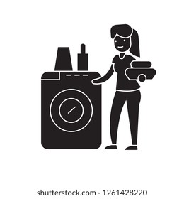 Dish washing machine black vector concept icon. Dish washing machine flat illustration, sign