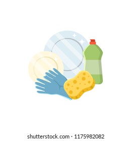 Dish washing set vector illustration in a flat style isolated on white background. Dish, gloves, detergent, sponge.
