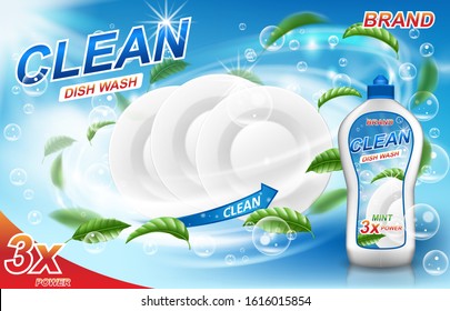 Dish washing soap ads. Realistic washing detergent gel design with mint leaves. Liquid soap advertisement with clean plates. 3d vector illustration