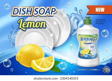 Dish washing soap with lemon ads. Clean plates and plastic bottle of dishwasher gel. Realistic 3d vector illustration