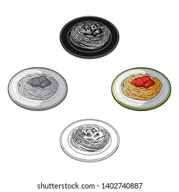 The dish in which wheat spaghetti with red sauce.Main dish vegetarian.Vegetarian Dishes single icon in cartoon,black style vector symbol stock illustration.