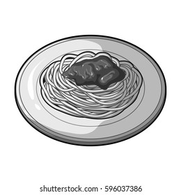 The dish in which wheat spaghetti with red sauce.Main dish vegetarian.Vegetarian Dishes single icon in monochrome style vector symbol stock illustration.