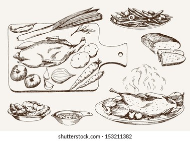 dish of wild ducks. set of vector sketches