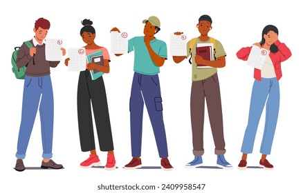 Disheartened Students Characters Display C And F Test Scores, Faces Reflecting A Spectrum Of Emotions From Disappointment To Frustration, Highlighting Academic Challenges. Cartoon Vector Illustration