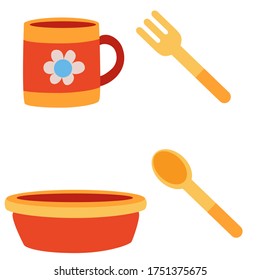 dishes for the baby, mug, plate, fork, spoon, flat, isolated object on a white background, vector illustration,