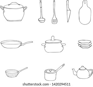 Dishes cartoon vector collection. Kitchen sketch collection of the tableware.