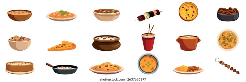 Dishes champignons icons set. Wide variety of prepared food from across the globe, showcasing culinary diversity