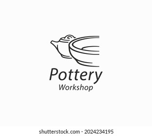 Dishes from clay logo design. Pottery kitchenware vector design. Ceramic pot by molding clay on throwing wheel logotype