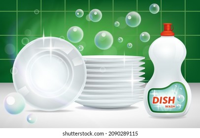 Dishes clean shining plates and dishwashing detergent in packaging, mockup advertisement, vector illustration.