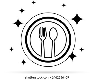 Dishes cleaning icon. Fork, spoon and plate vector design. Circular template.
