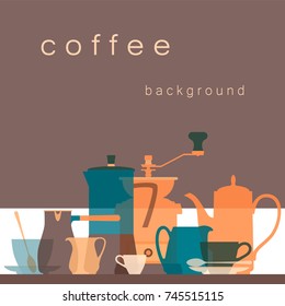 Dishes for coffee. Flat color transparent silhouettes. Coffee maker, pot, grinder, cezve, pitcher, cup, spoon, saucer. Design background for the menu, flyer, booklet, web site. Vector illustration.