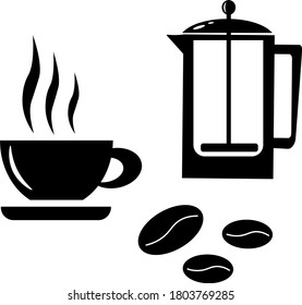 Dishes for coffee. For logos, icons, menus and brochures. Black and white vector on a white background.