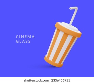 Dishes for cold drinks in cinema. Tall striped glass with straw. Pleasant and tasty rest. Cooling sweet, carbonated drinks. Poster with place for text