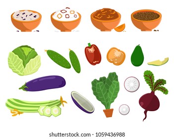 Dishes and collection of vegetables, vegetarian food set with products, plates and vegetarian food, vector illustration isolated on white background